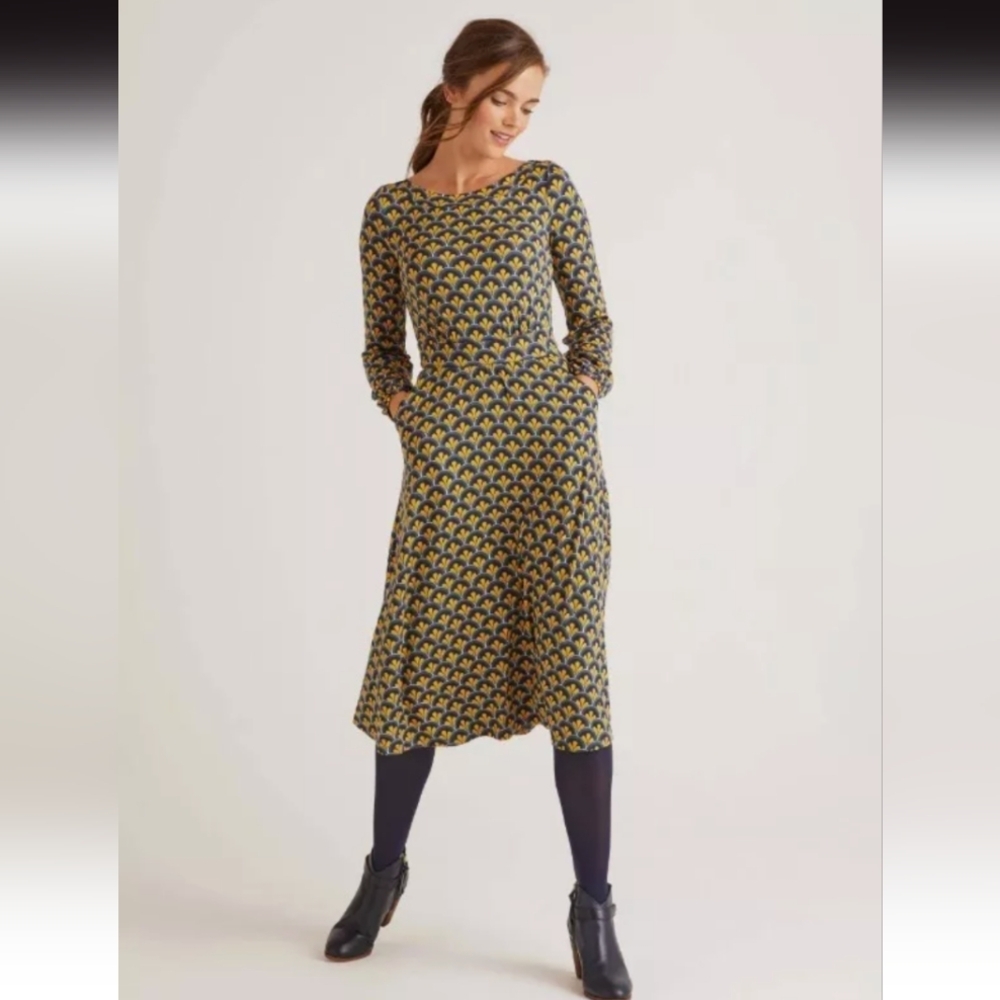 Boden Long Sleeve Sasha A-line Midi Dress Soft Stretch Geo Pattern Jersey Size 8